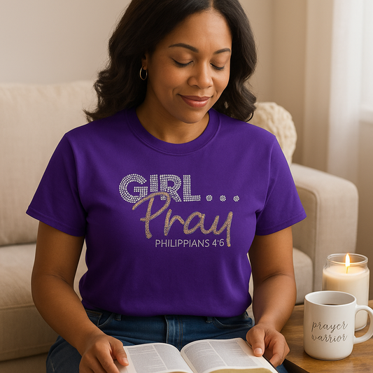 Rhinestone Girl… Pray! Tee – Crystal & Gold Luxe Edition (Philippians 4:6)