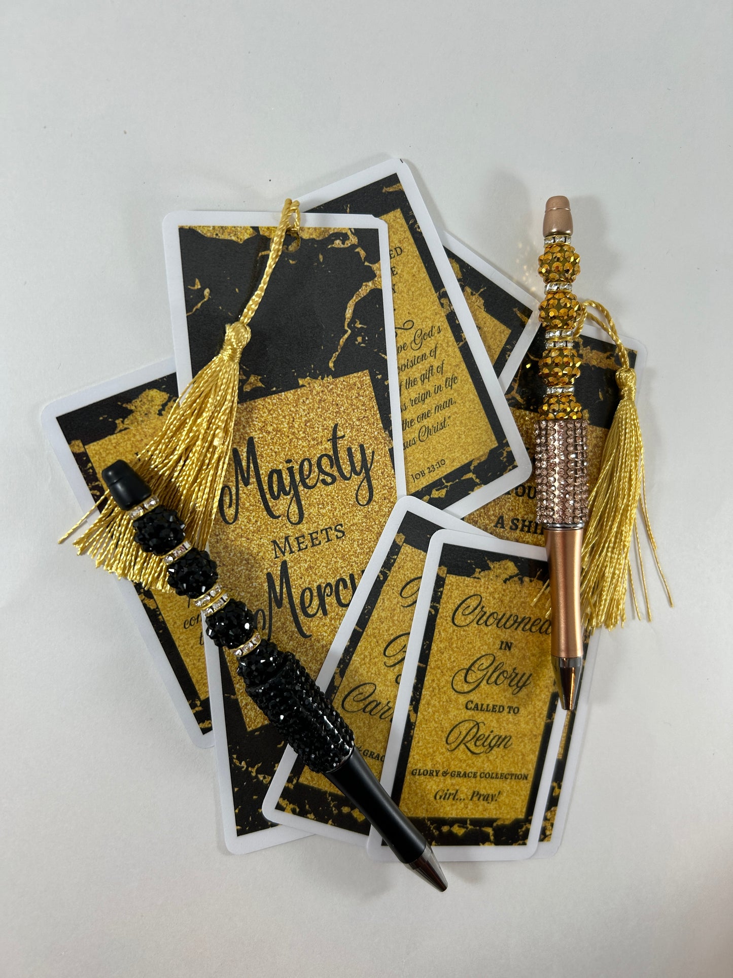 “Glory & Grace bundle– bookmark, pen, magnet and declaration cards in gold organza bag.”
